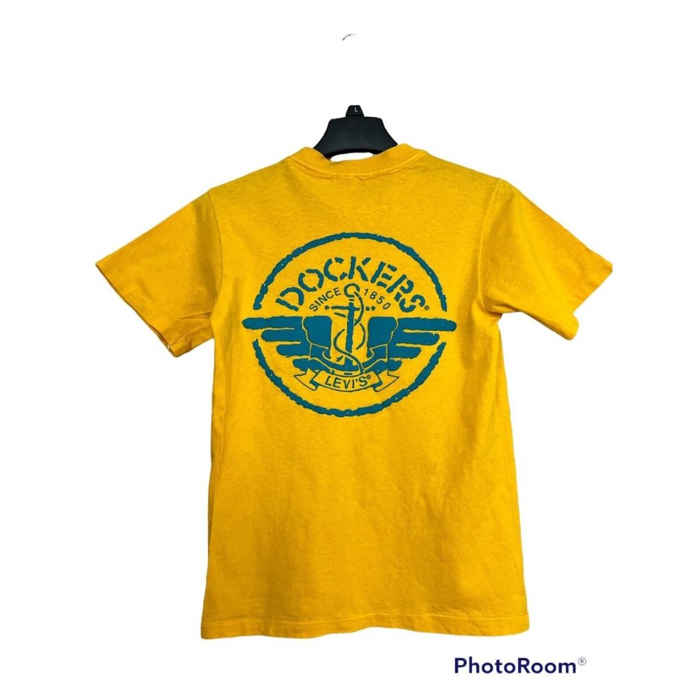 Vtg 90s Levis Dockers Graphic T-Shirt Youth Size S / M Yellow Textured Graphics